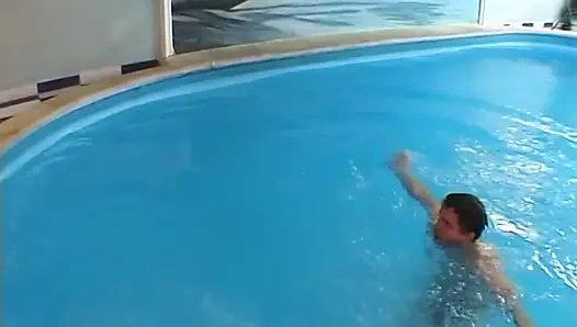 Drilling cute woman next to a swimming pool