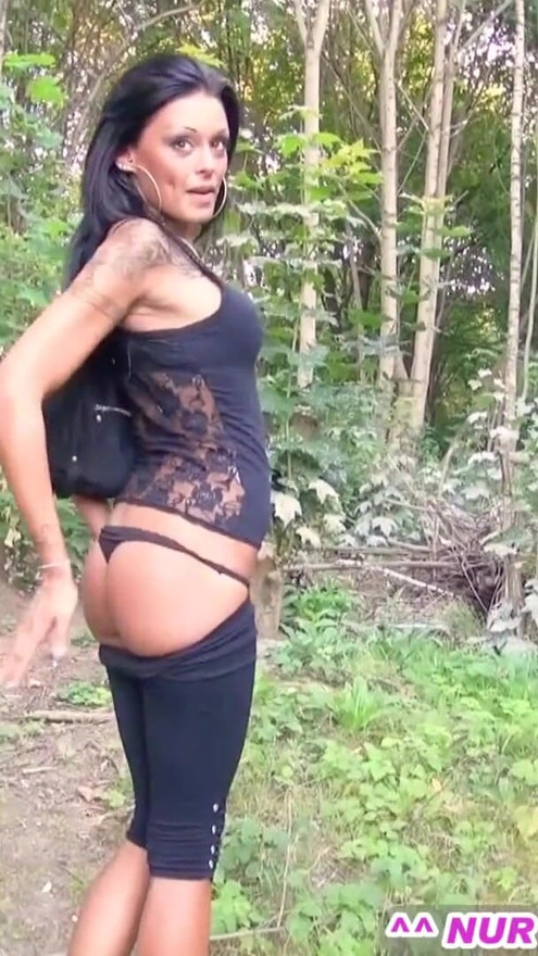 German skinny tattoo brunette teen at amateur outdoor POV sex | Clip 1