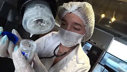LATINA NURSE milks my CUM sample with Machine and his deepthroat