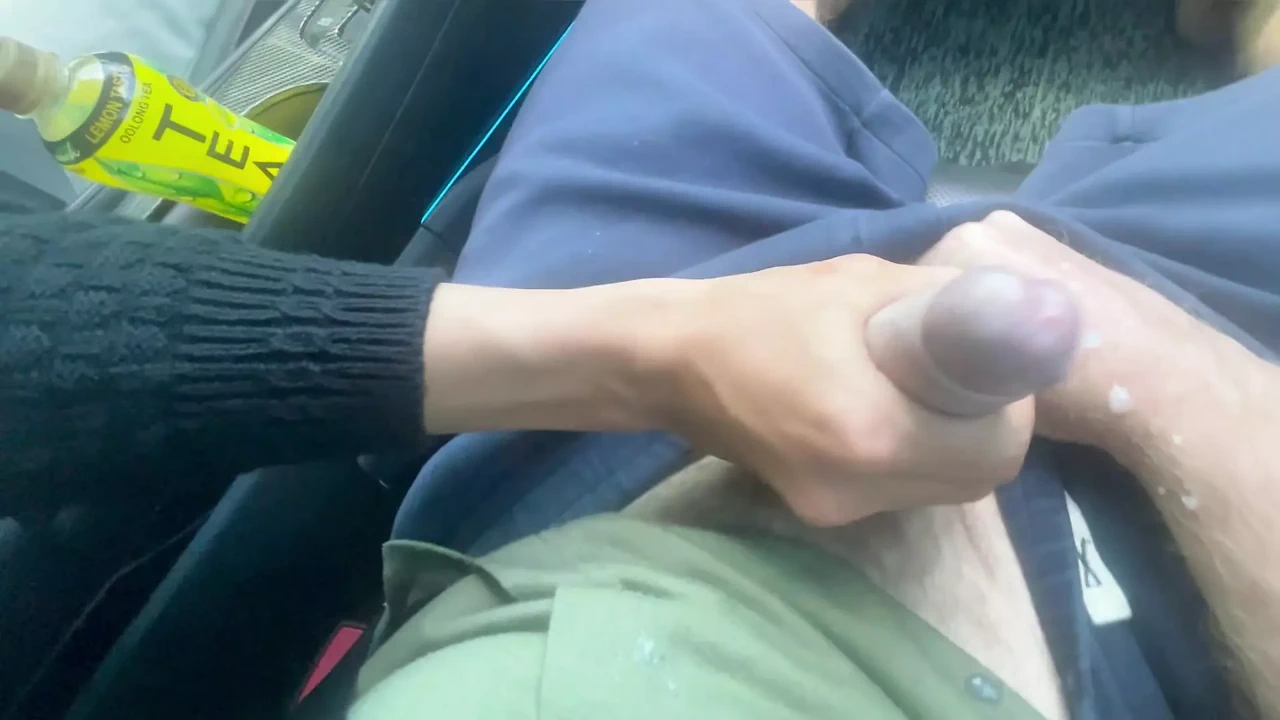 Young asian taxi driver watches old white tourist play with cock in car gives help hand and get cum over him his clothes and car