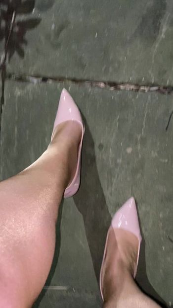 Walking outside in heels and nylons