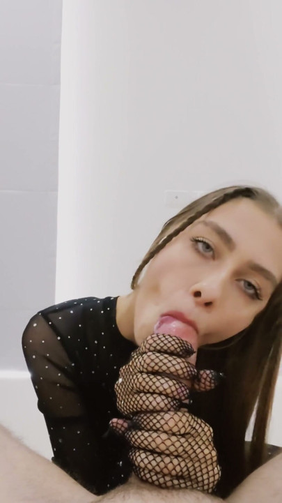 A neighbor in gloves gives a passionate drooling blowjob | Clip 1