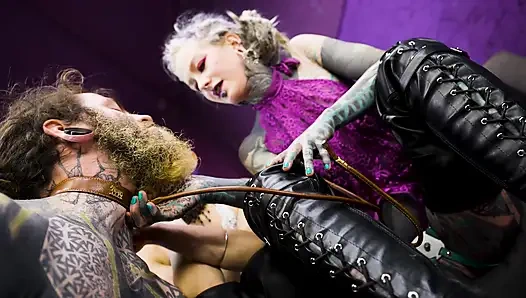 Inked Submissive Boy Double-Pegged Into Submission by Two Ruthless Dommes