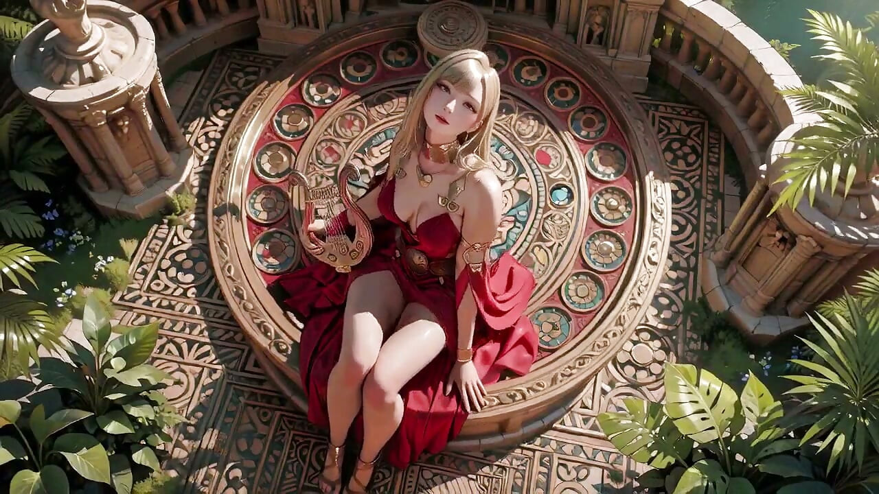 Blonde königin in rot! Sitzen am brunnen, Ihr schlitzkleid anpassen. Augen an dir gebunden.