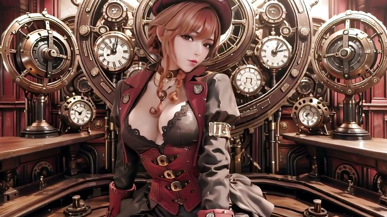 Steampunk Duchess! Red-haired mechanical girl teasing in the Gear Hall.
