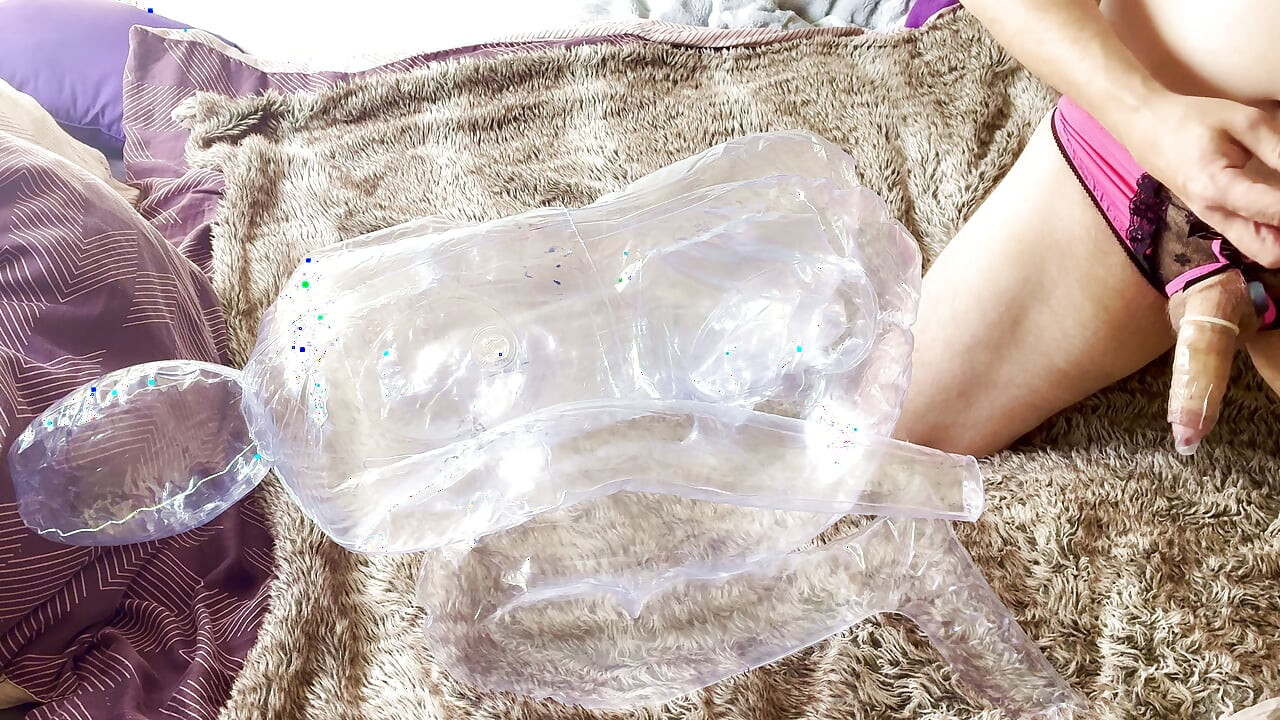 Man moaning going from soft to hard in a transparent sexdoll and cum in condom - Choose your favorite angle