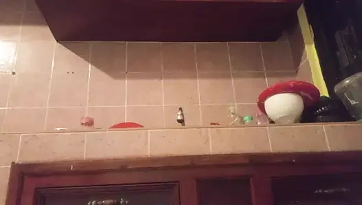 Chubby mom in the kitchen showing thong 2