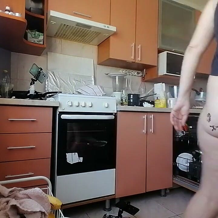 Amateur Hairy Brunette, Big Tits, Sensual Hairy Woman in the Kitchen.