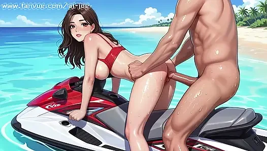 A beautiful woman in a Korean-style comic style, a Korean beauty, on a beautiful seaside motorboat! New style,   AI generated