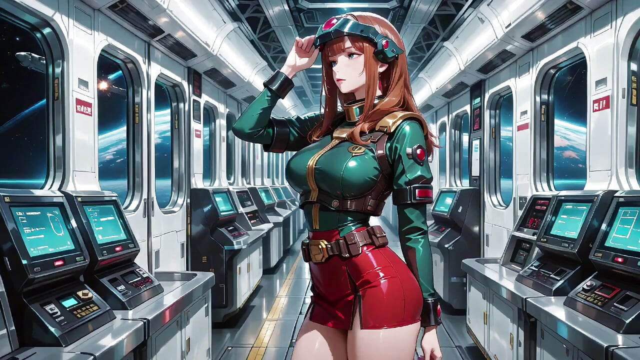 Inside the Sci-Fi Train, she wears a tight green armor, touching her red lips while gazing at the galaxy through the porthole.