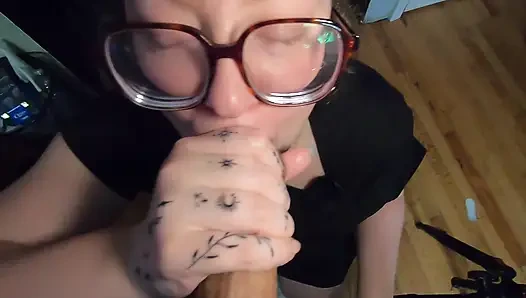 Chubby white girl with Glasses chokes on cock and swallows cum