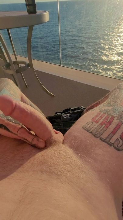 Stroking my fat cock on cruise ship balcony