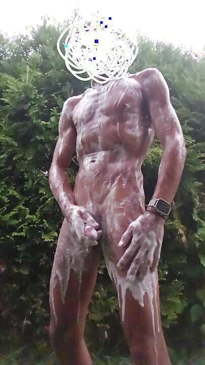 Skinny boy taking a shower in the rain. Wash and jerk off your big cock during a thunderstorm