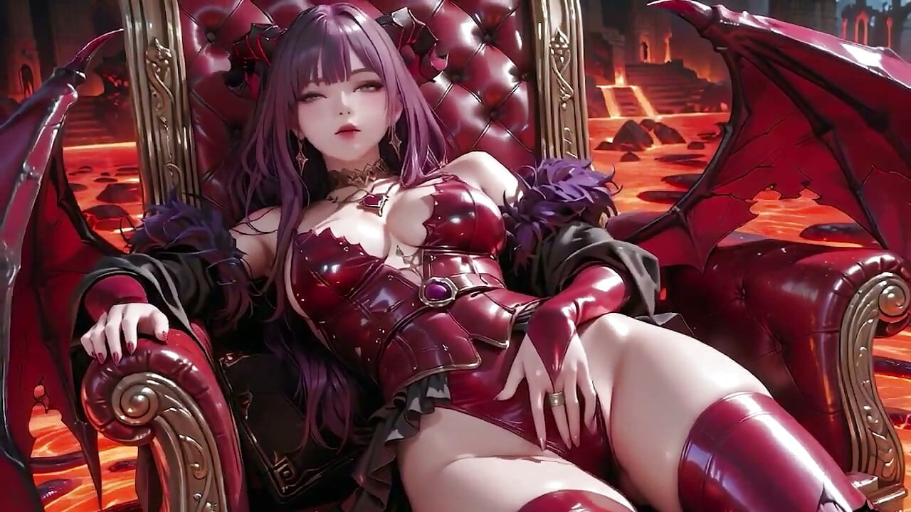 Purple-haired Demon Queen Arrives! Red Thigh-highs Against a Stark White Backdrop