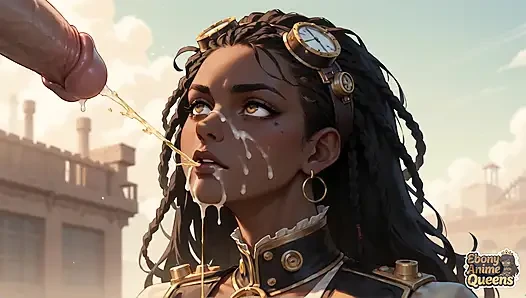 Zenci kraliçe çöl oral, steampunk seks ile baştan çıkarıyor.