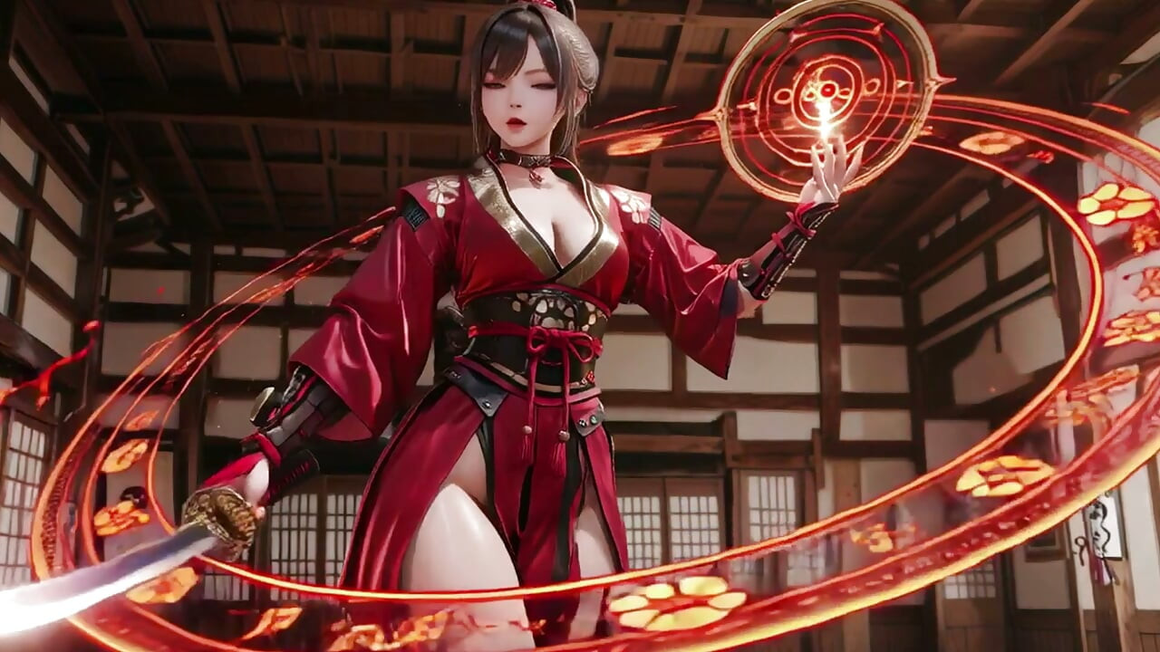 Samurai Carmesim! Guerreira ruiva ajoelhada ao sol, transitando da graça silenciosa para golpes explosivos de espada.