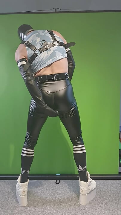 Rave outfit, Buffalo tower shoes, harness, leggings, latex gloves and mask. Inserting butt plug using precum