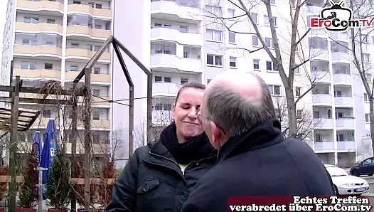 Chubby German housewife approached by grandpa on the street