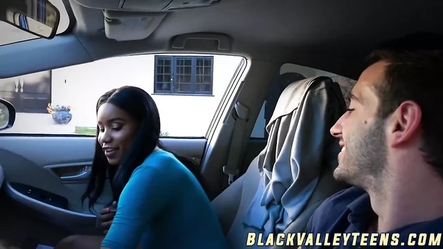 Ebony schoolgirl Jenna Foxx takes a ride on hard cock