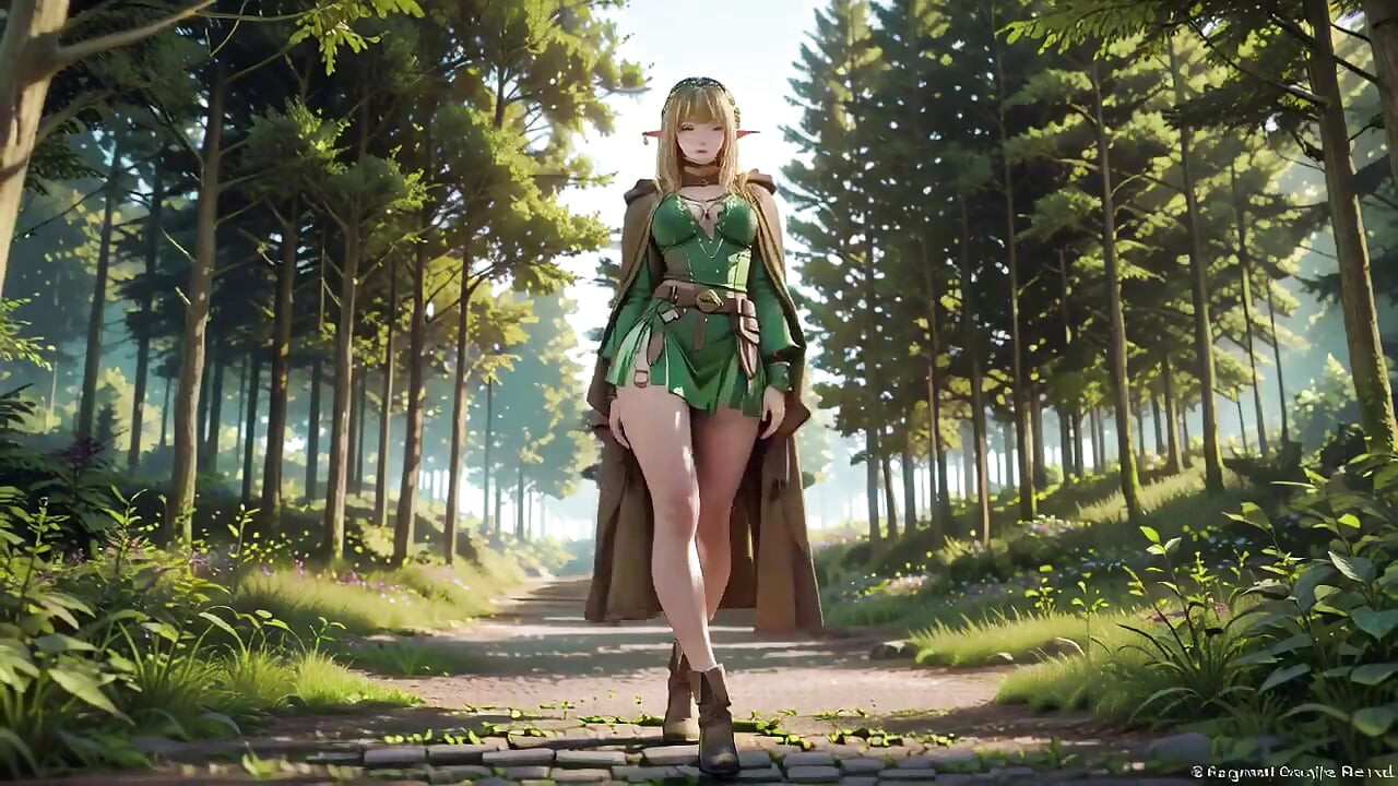 Green Elf in the Forest Secret! Kneeling Gaze Under Dappled Sunlight, a Dreamy Tease with Fingertips Touching Her Lips
