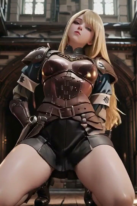 Blonde Knight's Private Awakening! Kneeling in the Castle Courtyard, Sunlight Hitting Her Cold Armor While She Gazes Dreamily.