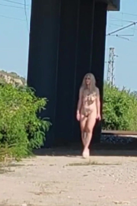 Slave Tih Shows Her Pussy and Tits Under the Bridge