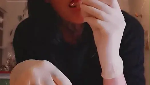 i'm hungry now eating salmon WHITE LATEX GLOVES GODDESSLOLLI