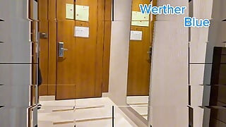 Businessman in Lingeries Plays with His Male-pussy and Shots Cum While Being Locked in Chastity Cage
