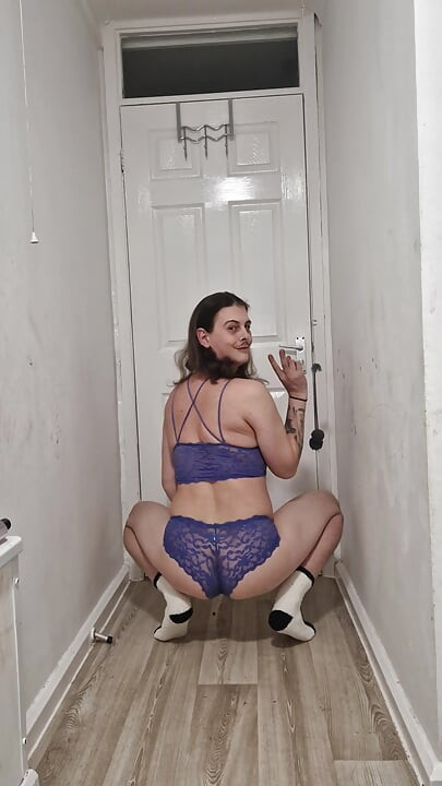 Real homemade amateur solo shemale bathroom purple lingerie photoshoot
