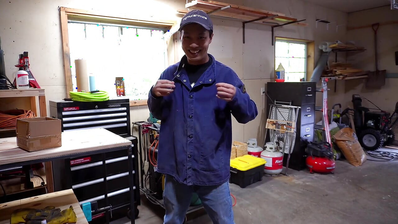 Ass stuffed handy man uses his welder to make a work bench