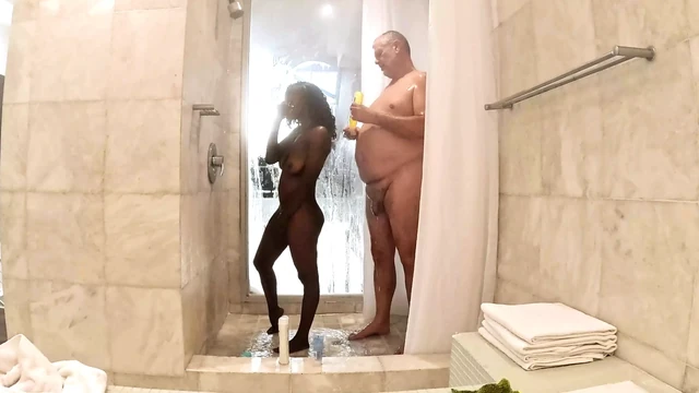 Sexy Petite Ebony MILF Taking a Shower with Sugar Daddy at His Penthouse