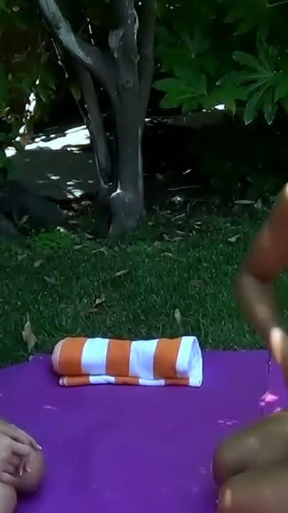Outdoor Pussy Licking - Two Brunettes on a Purple Mat Under the Trees