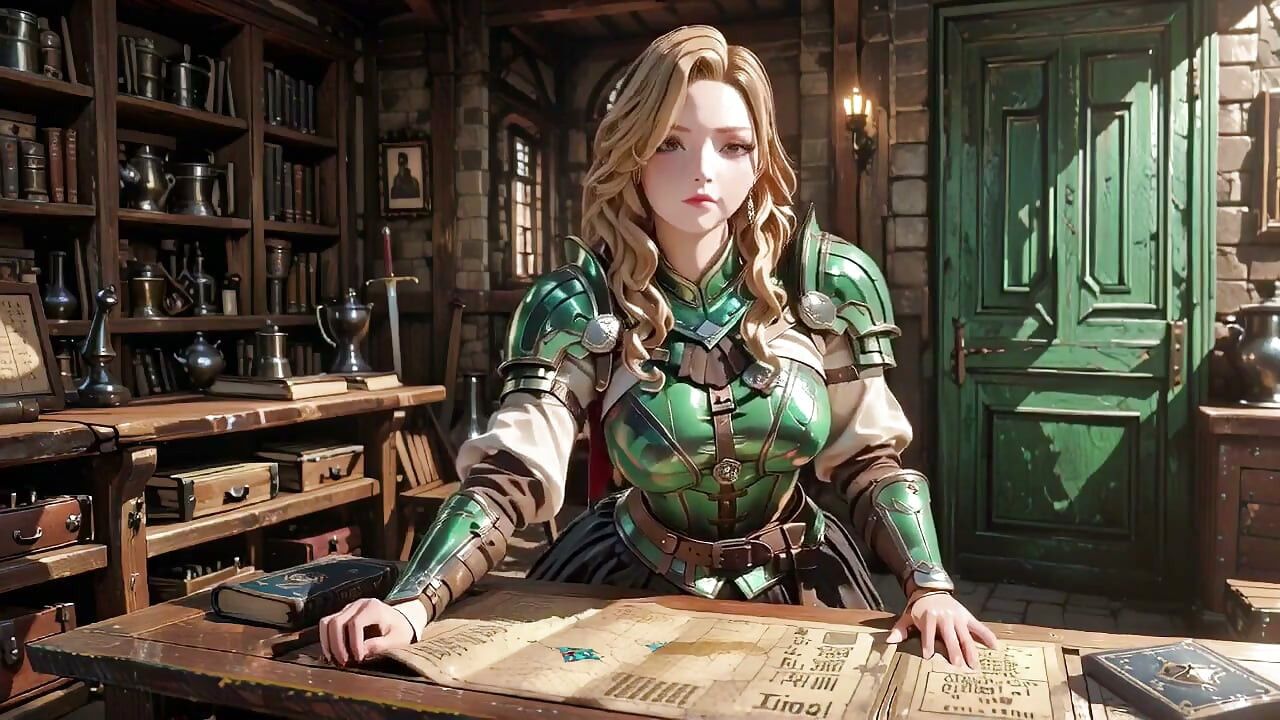 Фантазия средневекового рыцаря! Green Armor и Wet Secrets, стоя на коленях в библиотеке, глядя на тебя, рука на груди соблазняет