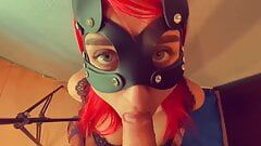 Gorgeous juicy blowjob from a beautiful girl in a cat mask with green eyes who likes to get sperm in her mouth