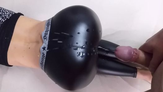 Doggystyle and huge cumshot on leather leggings