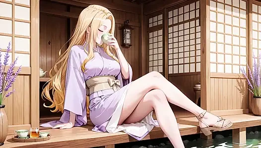 Blondine in Lavendel! Barfuß unter dem roten Torii-Tor knien und ihr andouf flattert in der brise.