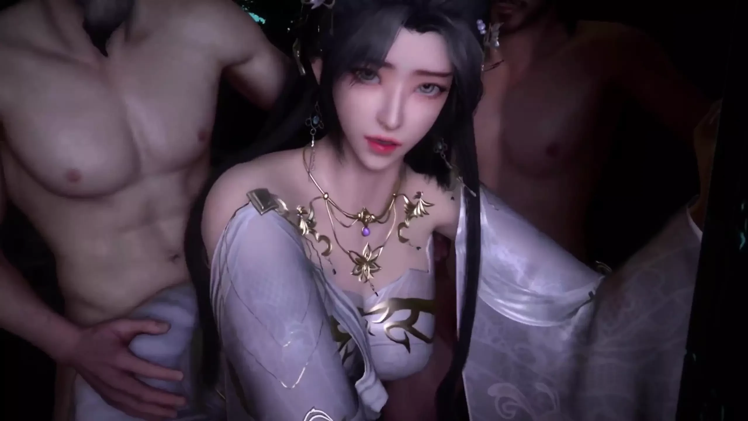 3d - modelo de cosplay asiática caliente tiene sexo grupal con grandes pollas