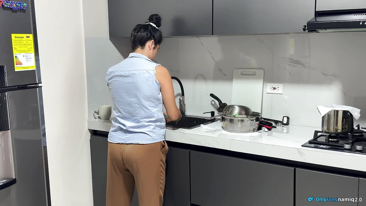 Passionate sex in the kitchen with a beautiful Latin wife with pink pussy!