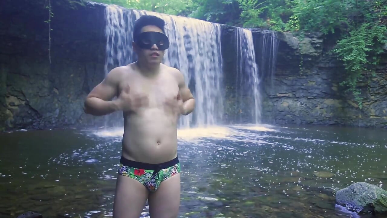Muscular Asian Hunk Flexes in Speedo by Waterfall - Tight Ass & Hole Tease, Strips Naked & Explodes with Massive Cumshot