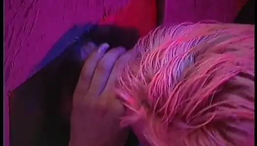 Amazing blonde slut blows a few cocks and swallows a glass of semen in the secret room