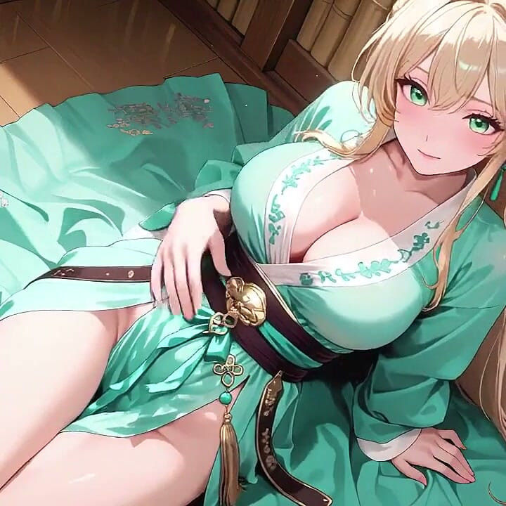 The Lazy Secret Under the Teal Robe, Sunlit Bathroom She Lies Sideways Gazing at You, Fingertips Touching Tender Breasts.