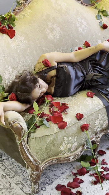 Beautiful Monika Fox in Black Dress on Sofa with Roses!