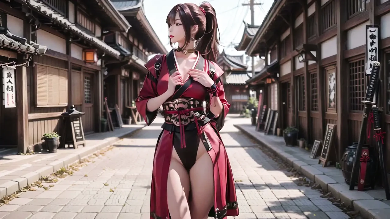 Crimson Samurai! Red-haired warrior kneeling in the sun, transitioning from silent grace to explosive sword strikes.