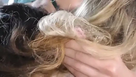 A hairjob with blonde and brunette babes