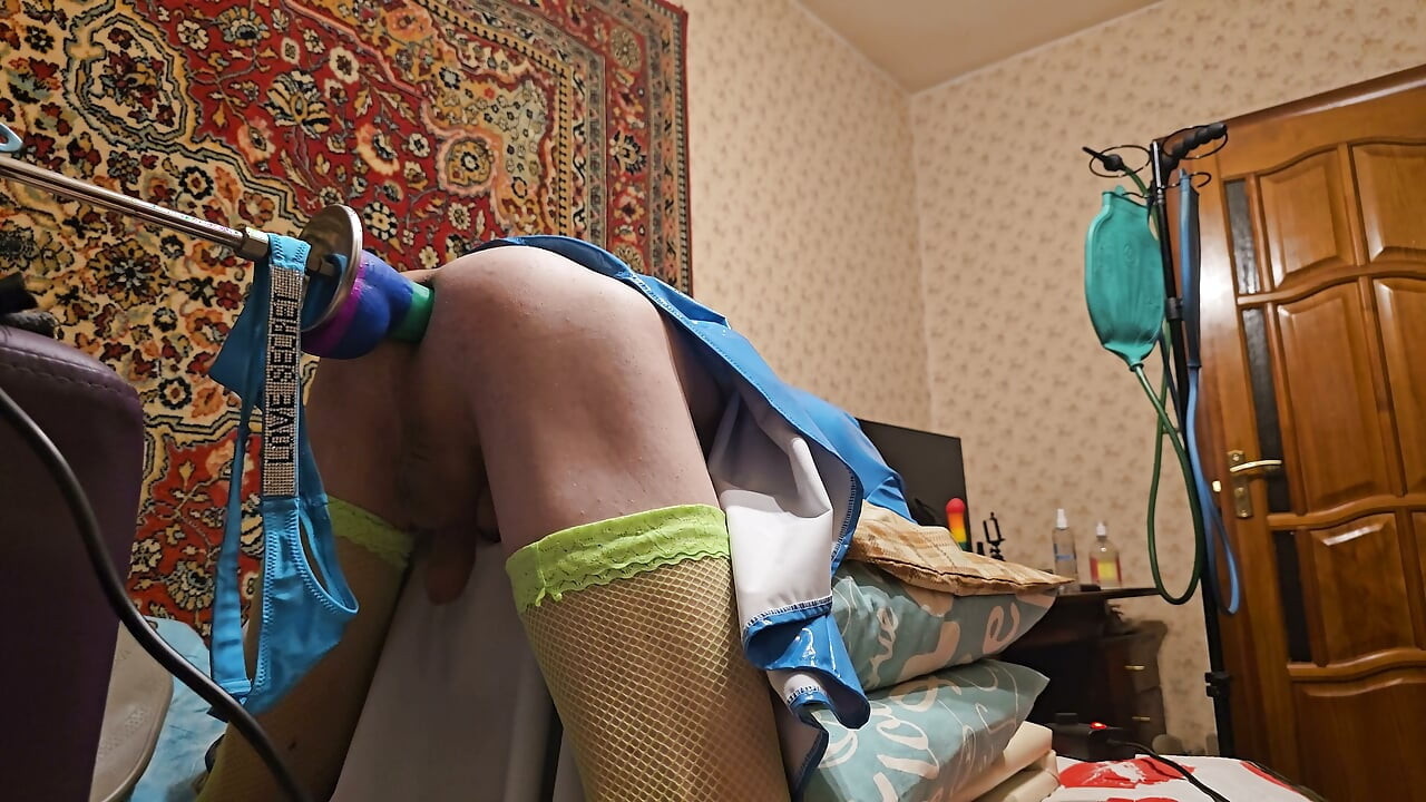 Destroyed ass after hardcore anal machine fuck really fast and hard with rainbow big dildo in ass and gape