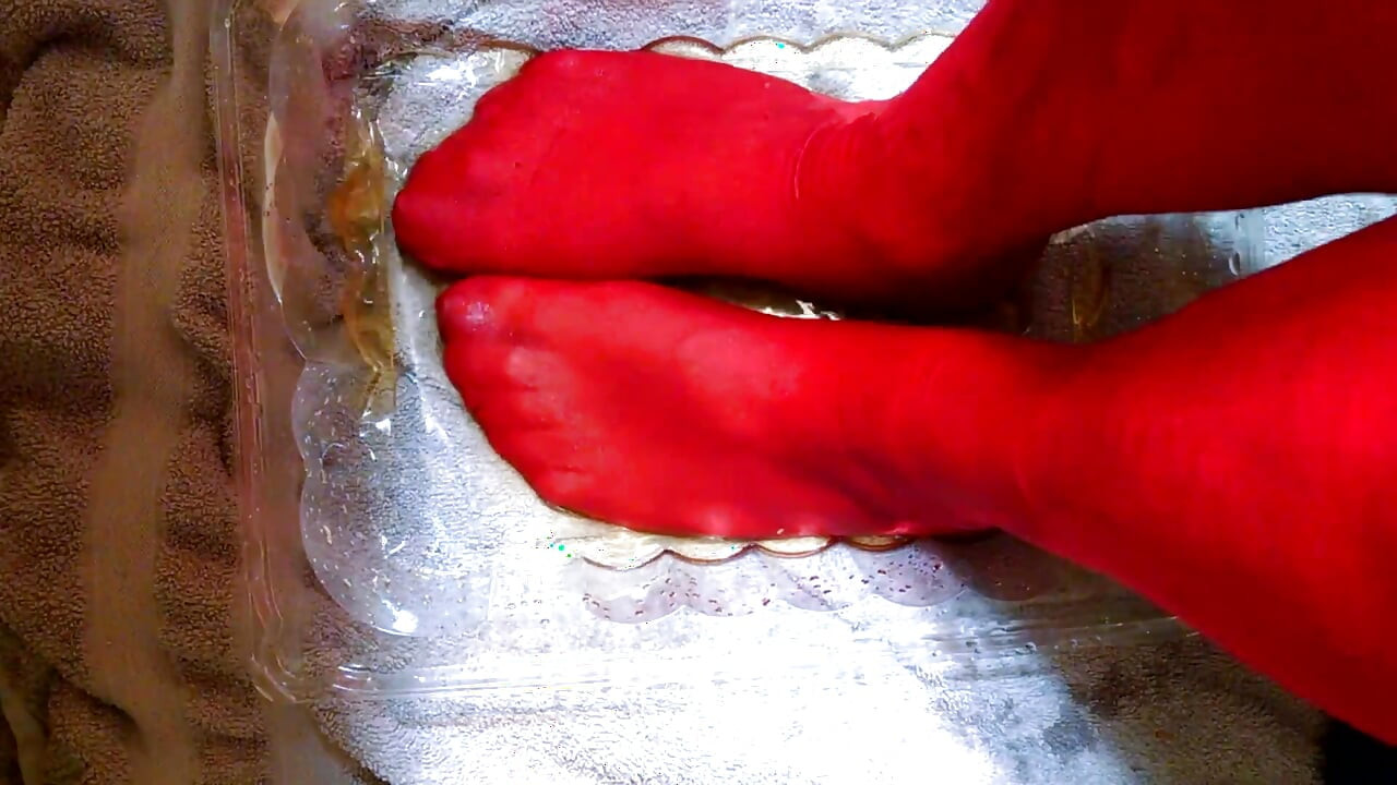 Food smearing my red nylon pantyhose feet, legs, crotch with yams and baked beans.