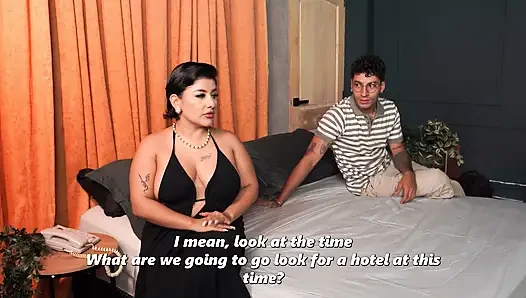 Skinny stepson shares hotel bed with his busty stepmother - They enjoy some great sex