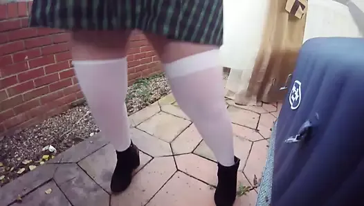 Mom in school uniform with white stockings