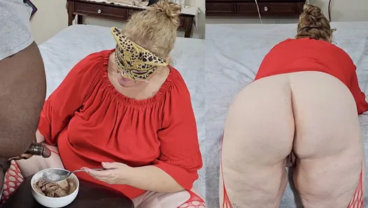 Horny Big Ass Blonde Pawg Milf Wife With Fat Pusssy Eating & getting Cum On Ice (Jerking Off On Food) Granny  SSBBW nut