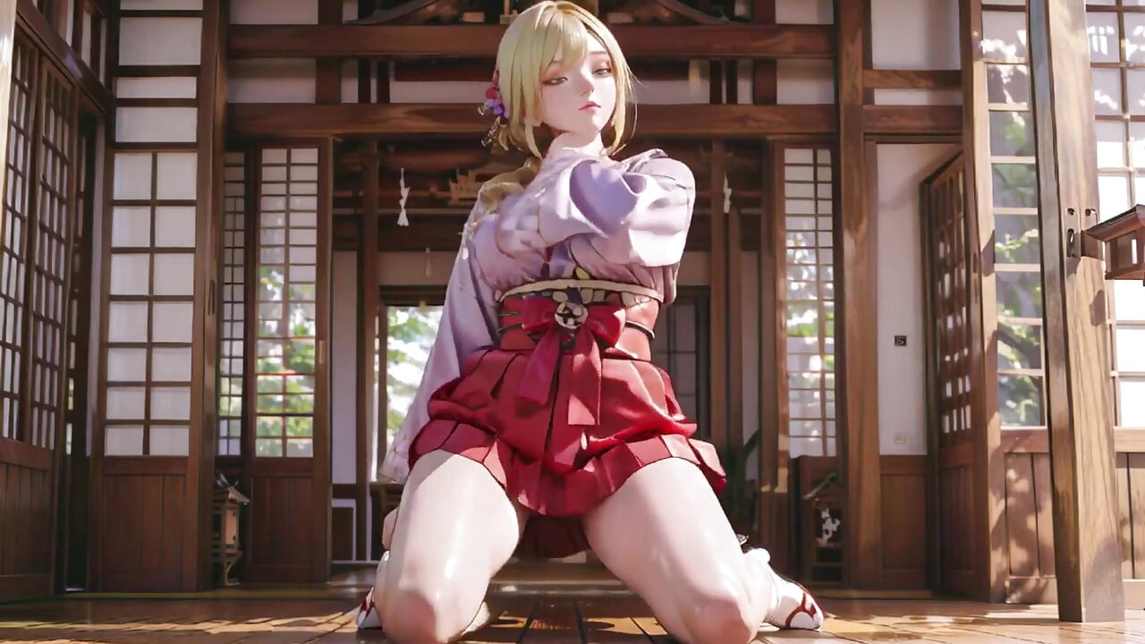 Blonde Goddess in the Japanese Corridor, Lazy Gazes, Hand on Hips, Sunlight Drenching Her Skin